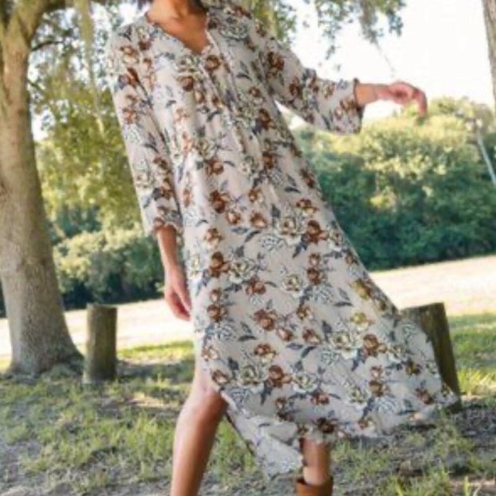 Natural Life Womens Amelia Rose Crinkle Midi Floral Dress Size L Boho Gray